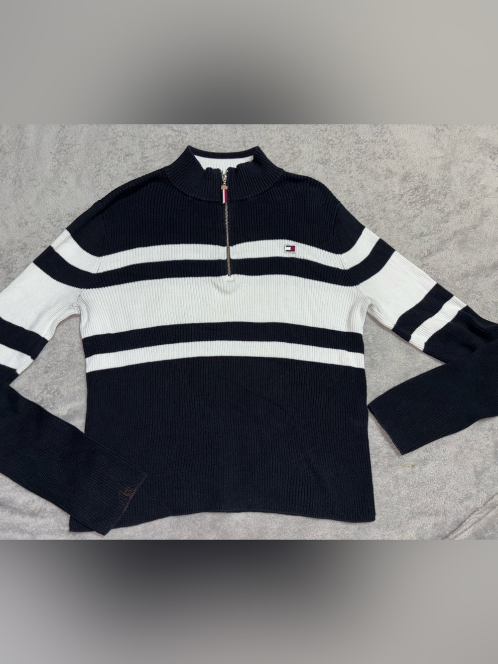 Tommy Hilfiger Black & White Striped Quarter-Zip Turtleneck Sweater